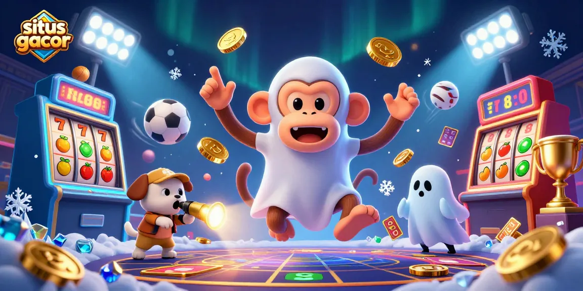Engage with situs gacor in a vibrant casino scene with a mischievous poltergeist monkey juggling casino elements.