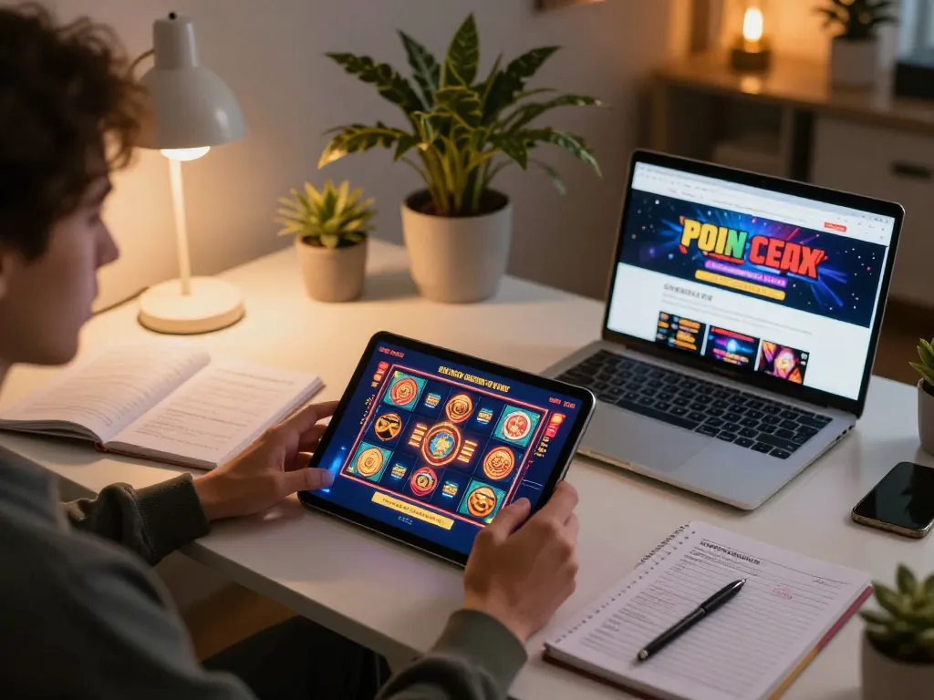 Berinteraksi dengan antarmuka slot online di tablet selama sesi permainan santai di rumah