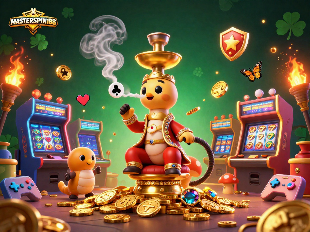 Engage with MASTERSPIN188's vibrant casino world filled with 3D cartoon characters and slot symbols.
