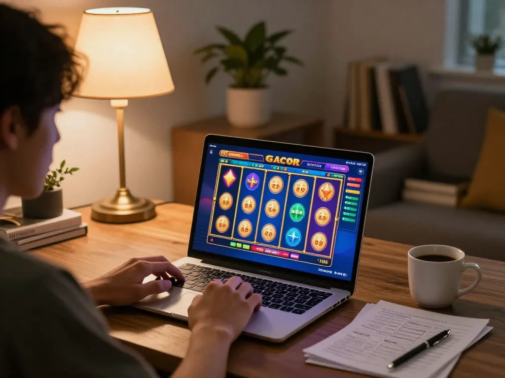 Engaging in thrilling slot gacor gameplay on a laptop in a cozy home environment with strategy notes