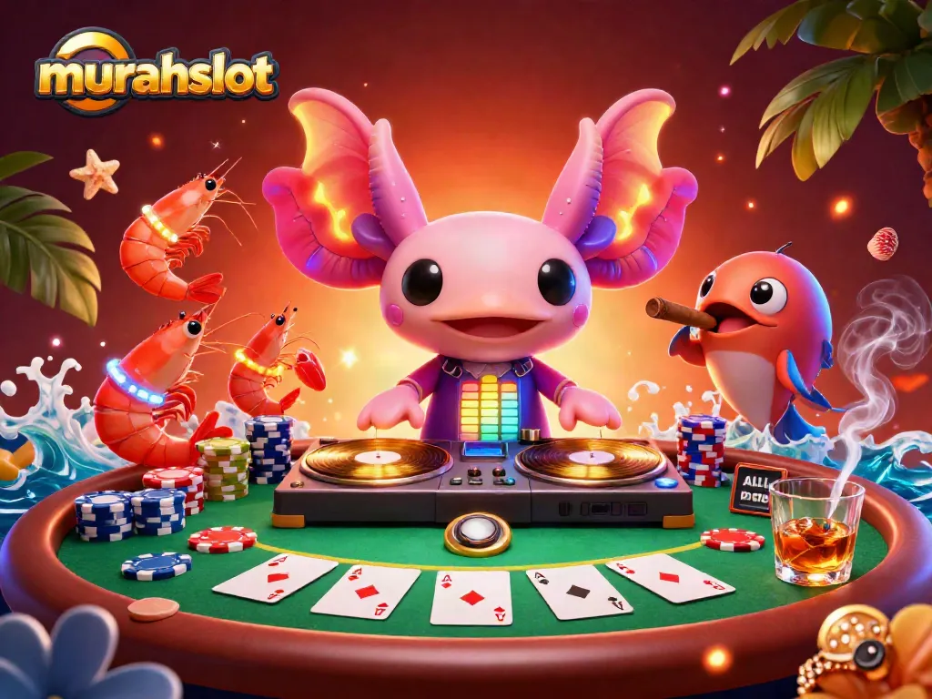 Experience the excitement of murahslot with vibrant casino-themed illustration featuring a DJ axolotl and energetic ocean friends.