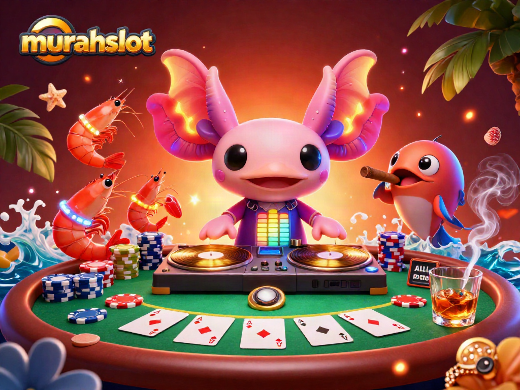 Experience the excitement of murahslot with vibrant casino-themed illustration featuring a DJ axolotl and energetic ocean friends.