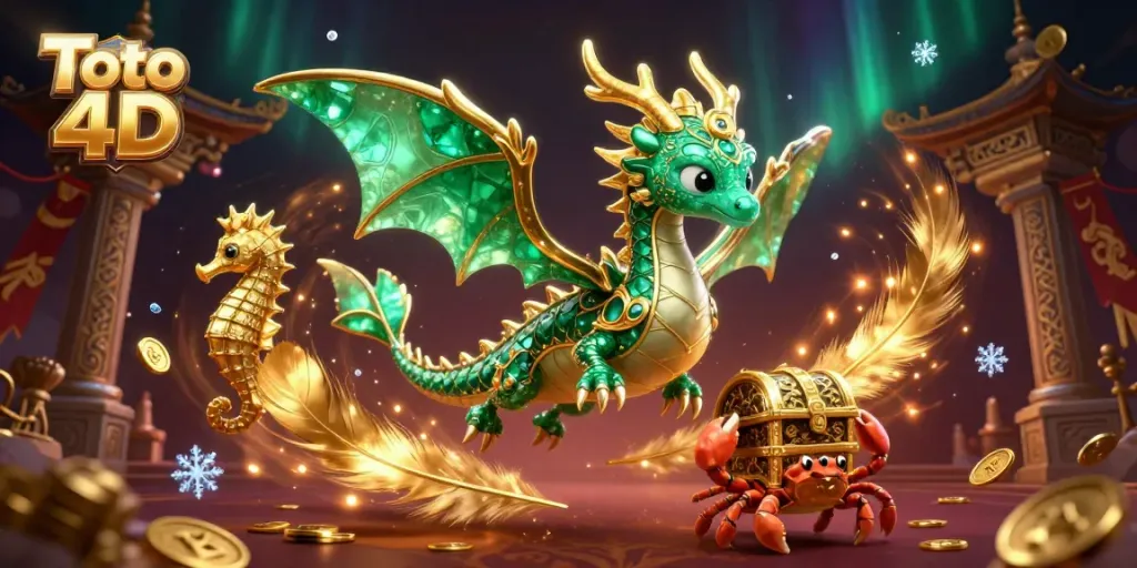 Menangkan Toto 4D dengan ilustrasi kartun 3D naga laut dan harta karun siap bersinar.