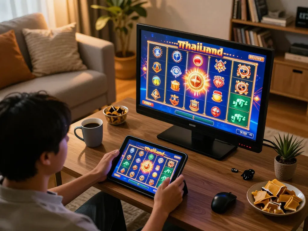Playing engaging slot games at home, showcasing slot thailand gaming session with vibrant graphics