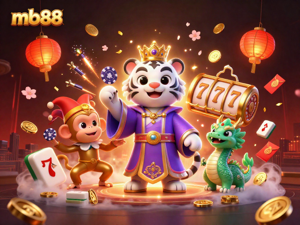 Engage with mb88's vibrant casino scene featuring a royal tiger, jester monkey, and jade dragon.