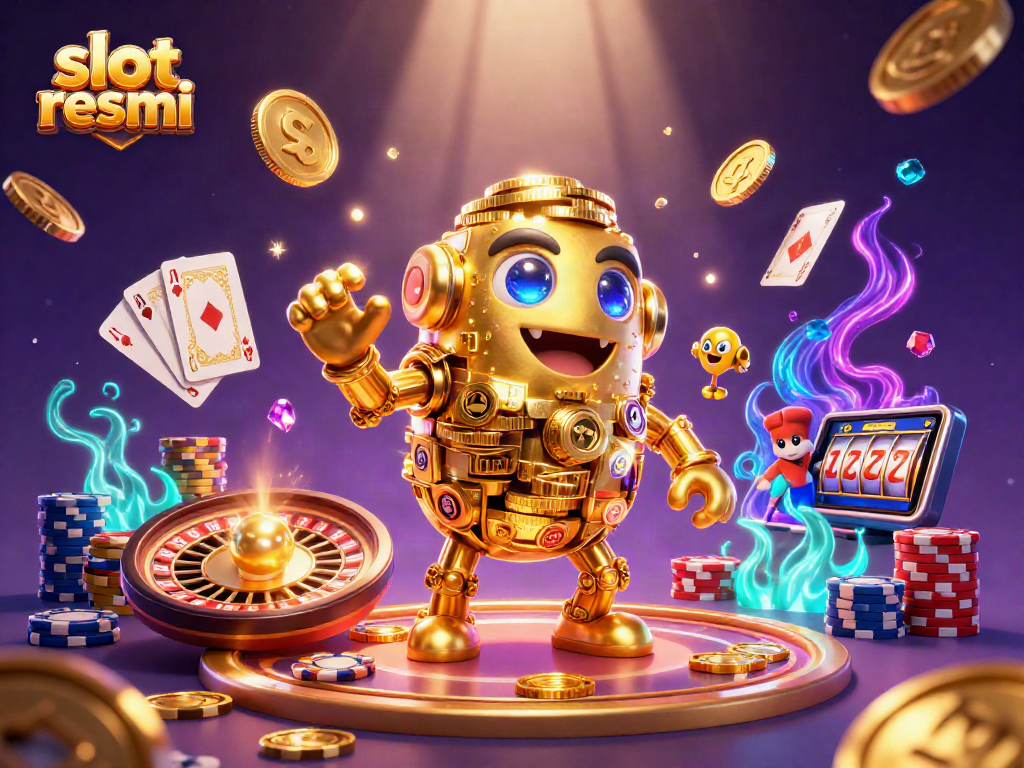 Permainan slot resmi dengan golem emas berkilau dikelilingi koin dan batu permata yang meluncur.