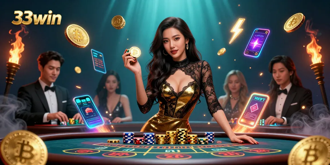 Experience high-stakes baccarat action at 33win with beautiful casino atmosphere and digital currency elements.