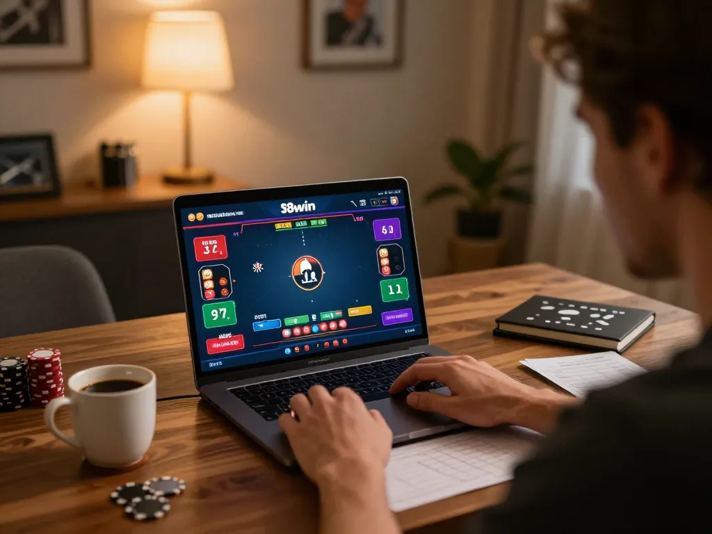 Player focused on online poker gameplay at 98win, surrounded by strategic notes and coffee.