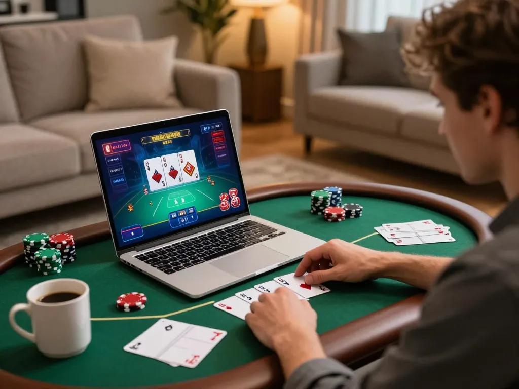 DAGA trang chu experience with a player engaging in an exciting online poker game in a cozy setting.