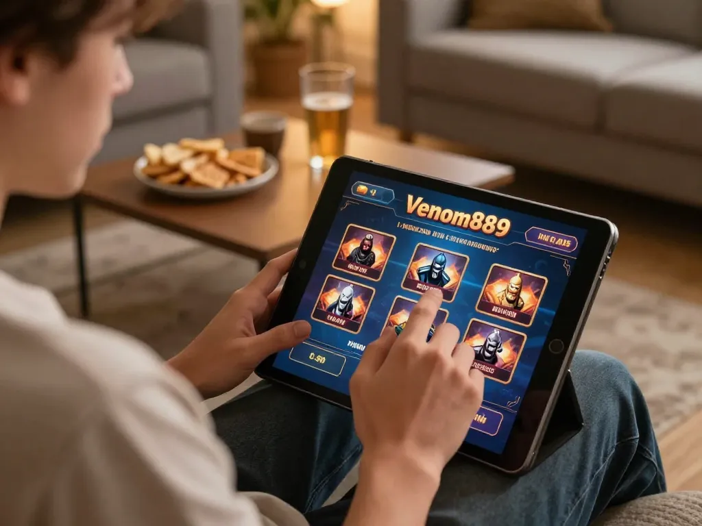 Player enjoying Venom889 online gaming on tablet in a warm home setting, promoting responsible gambling.