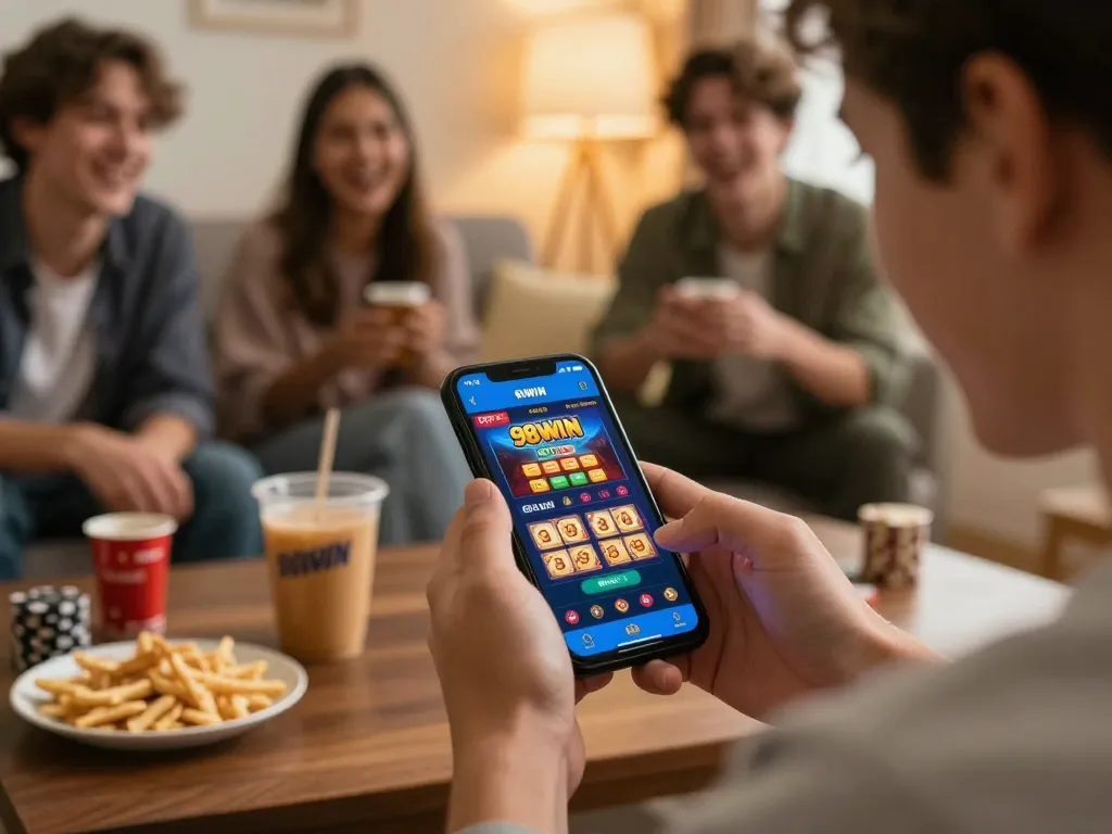 Engaging with the 98WIN casino app during a fun home gaming session.