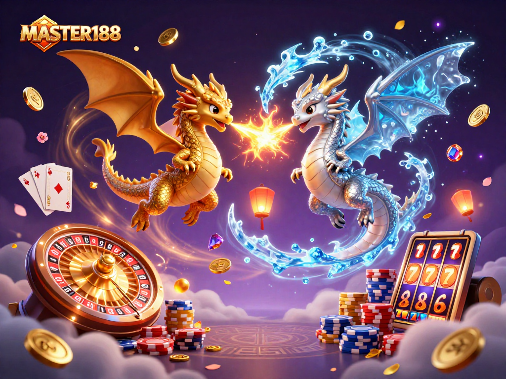Experience excitement with MASTER188 as twin cartoon dragons unleash fire and ice in a vibrant casino world.