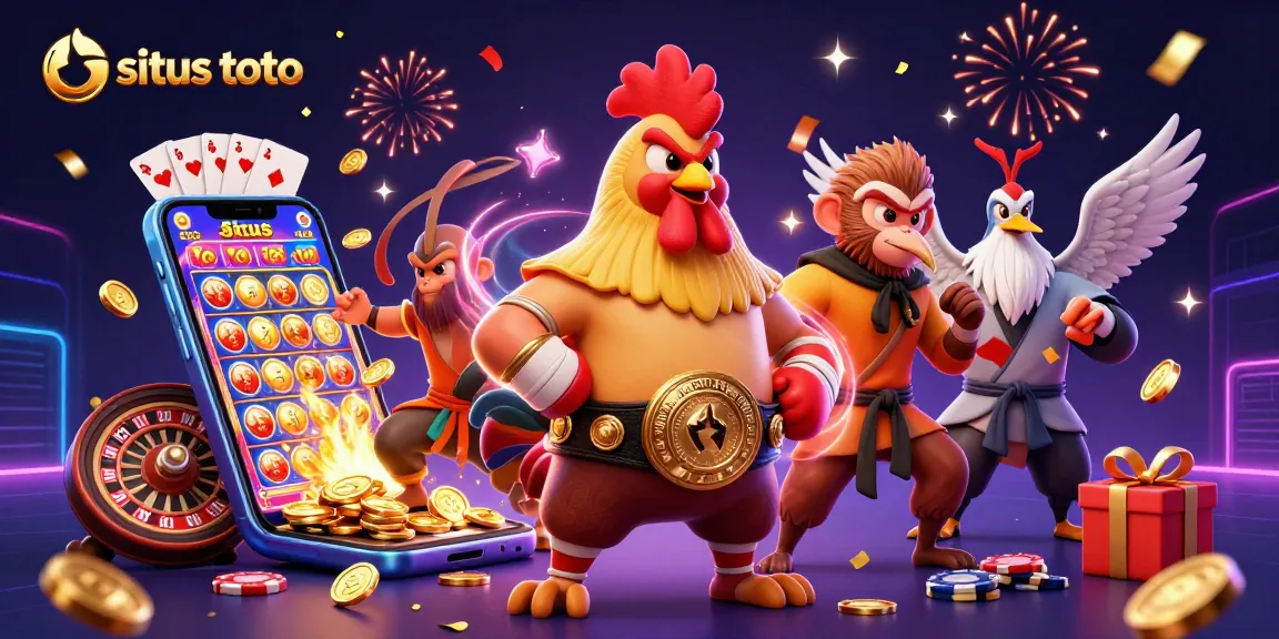 Gambarkan situs toto dengan rooster Muay Thai dan elemen kasino yang menarik.