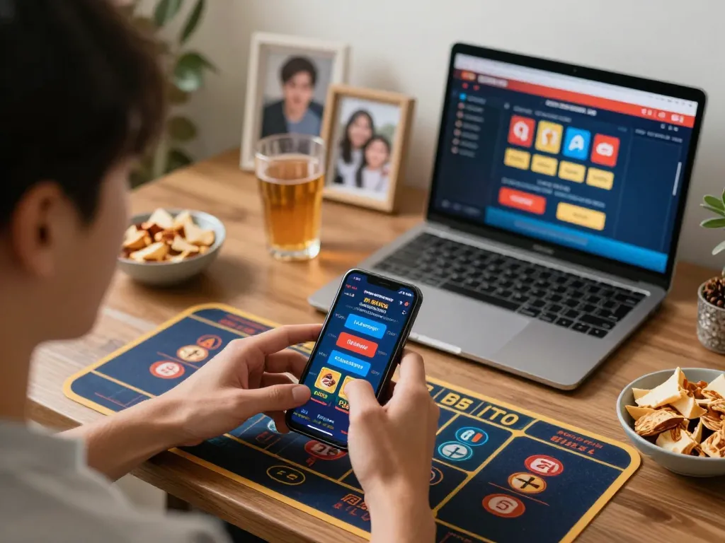 IDNSCORE player engaging with mobile app during intense betting session at home.