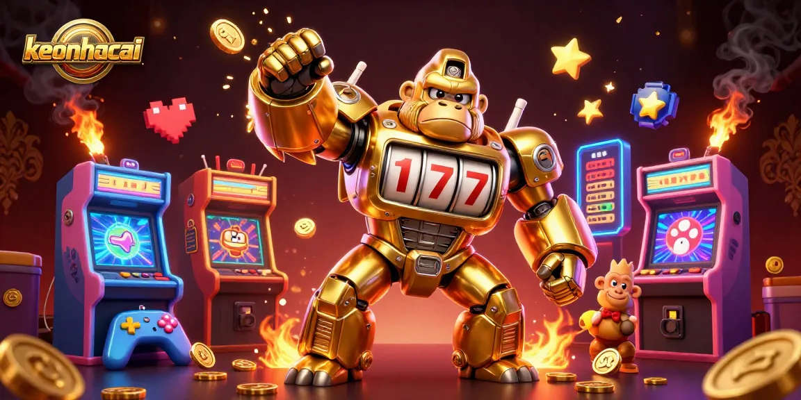 Engaging scene of keonhacai-themed 3D gorilla mech amidst arcade elements and vibrant coins.