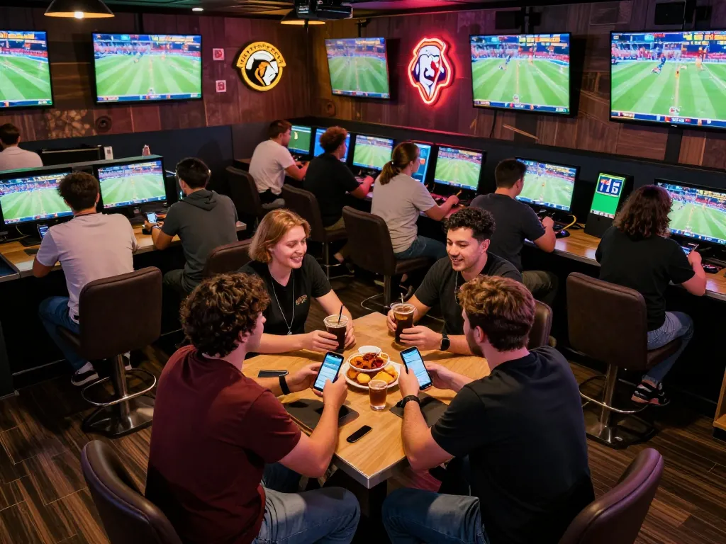 Fans enjoying sports betting at 78win with live event screens and enthusiastic discussions