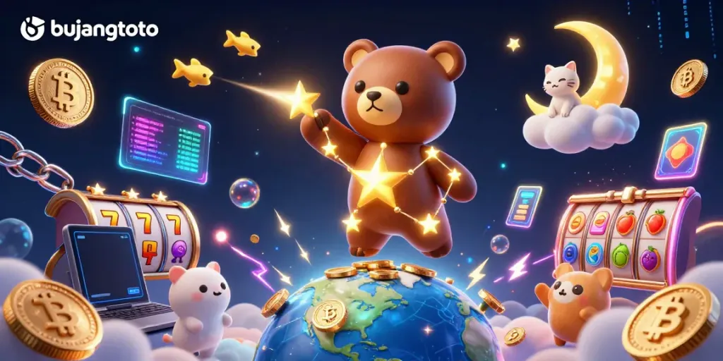 Experience the excitement of bujangtoto with a bright 3D casino scene featuring a constellation bear and symbols.