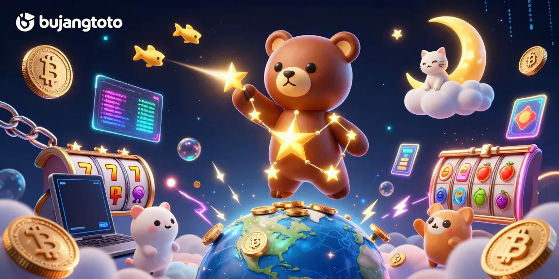 Experience the excitement of bujangtoto with a bright 3D casino scene featuring a constellation bear and symbols.