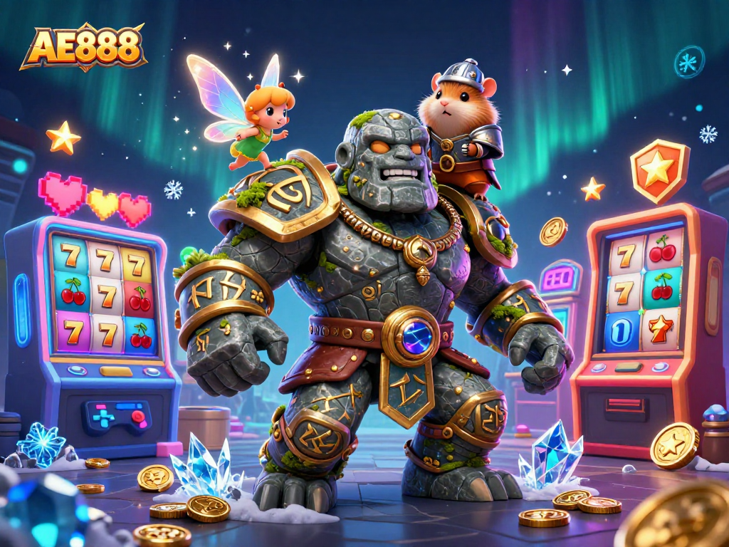 Engage with AE888 slots featuring magical interactions with a golem, fairy, and hamster knight in a vibrant casino illustration.
