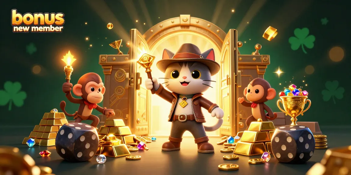 Illustration showcasing a bonus new member scene with an explorer cat and monkey in a golden casino.
