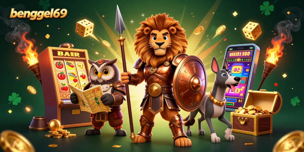 Bengkel69 showcases a thrilling casino scene with a Spartan lion, owl strategist, and greyhound amidst jackpots and slots.