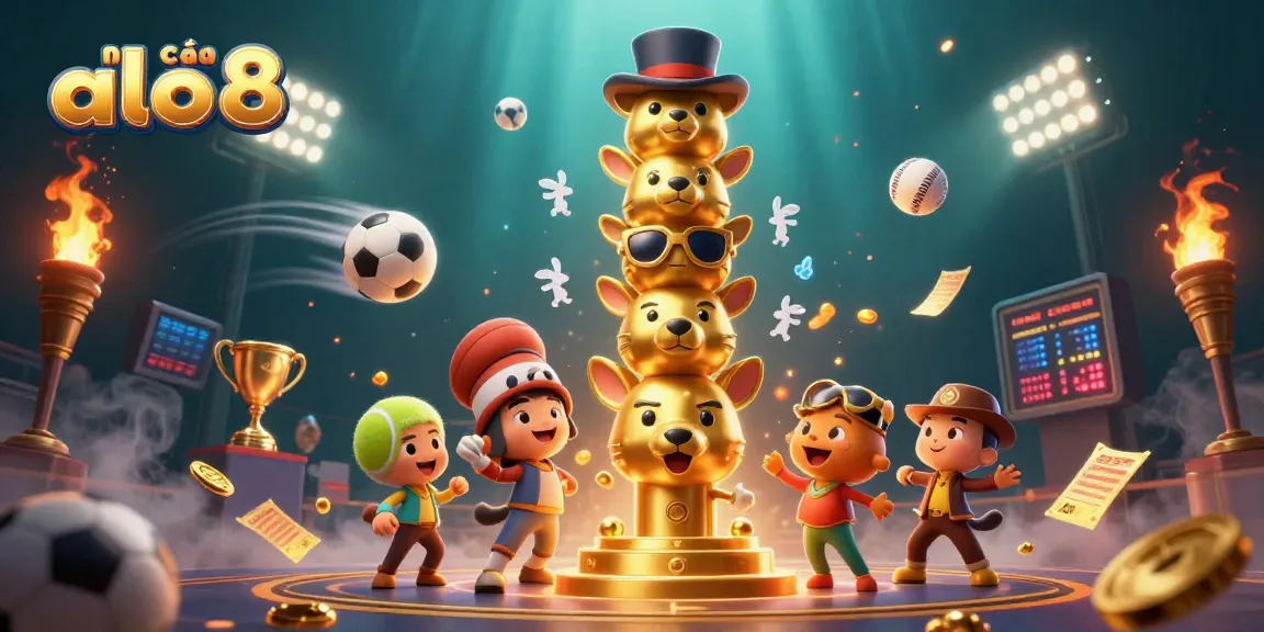 Experience the excitement at nhà cái alo8 with dynamic sports activities featuring a colorful 3D totem and game elements.