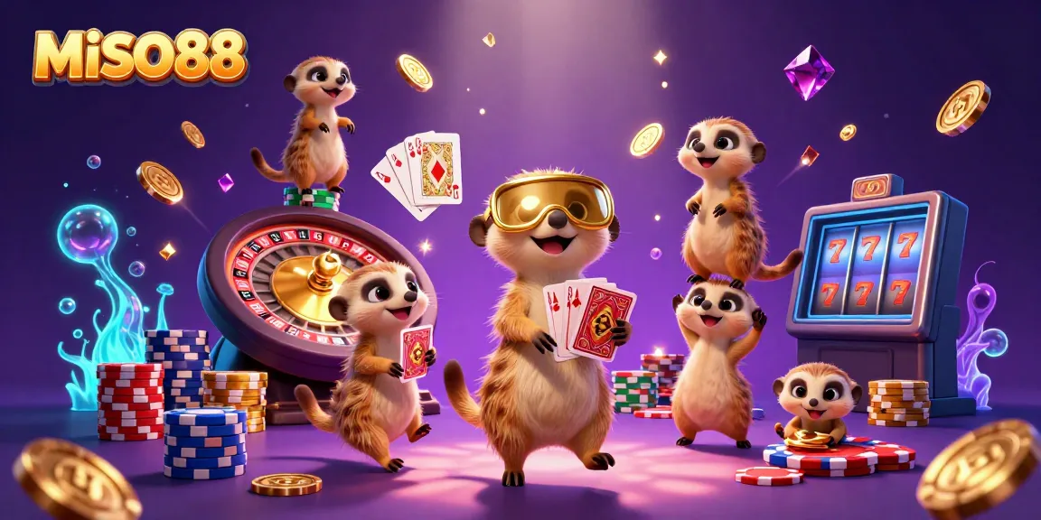 MISO88 meerkats operating a vibrant casino with golden coins and sparkling gems.