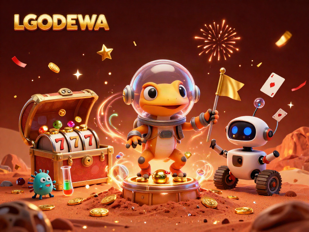 Experience engaging gameplay with LGODEWA as a Martian gecko finds a golden casino amidst vibrant elements.