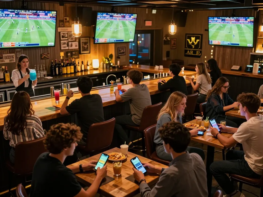 Engaged sports fans using kèo nhà cái app at a vibrant sports bar.