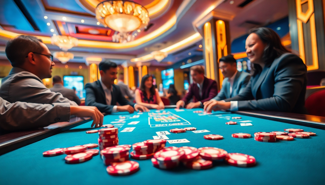 Mengakses yumetoto login di meja permainan togel dengan suasana kasino yang meriah dan penuh warna.