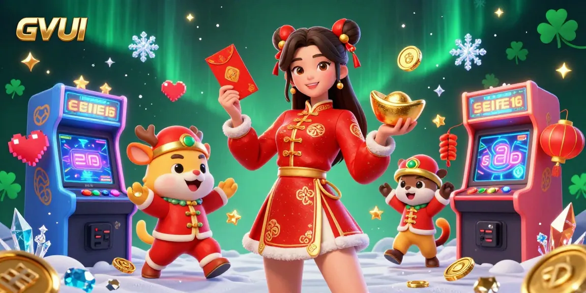 Experience the thrilling world of GVUI with engaging gaming elements and festive characters in this vibrant casino illustration.