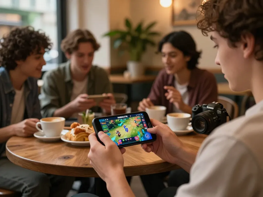 KADAL778 player engaging with interactive mobile gaming app in a cozy cafe setting.