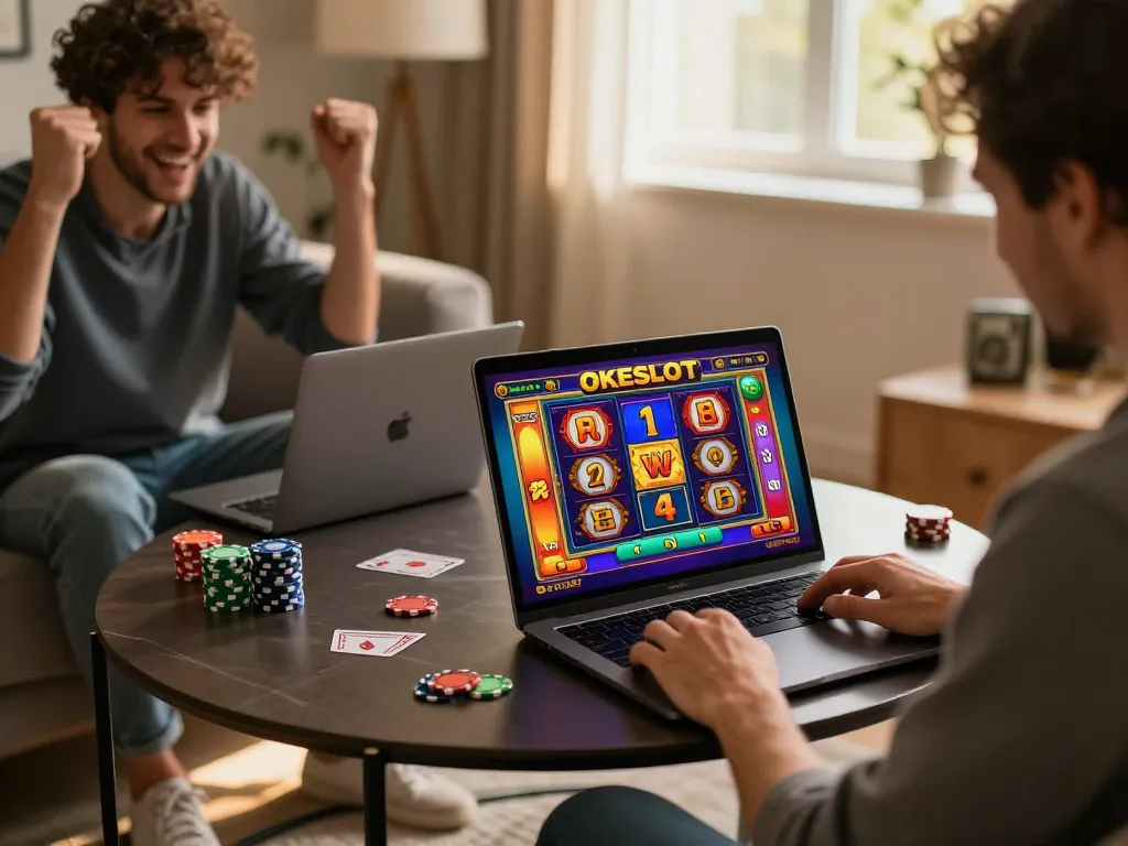Players enjoying OKESLOT online slot games on laptops, showcasing excitement and home comfort.