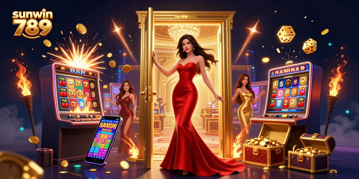 Experience the thrill of sunwin 789 with vibrant casino elements and a stunning character in a luxurious setting.