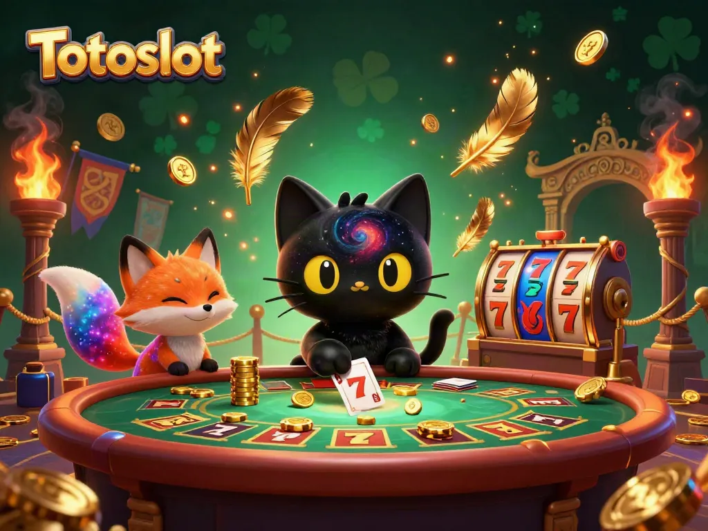 Gambarkan Totoslot dengan kucing hitam lubang hitam dan rubah nebula di meja kasino cosmos.