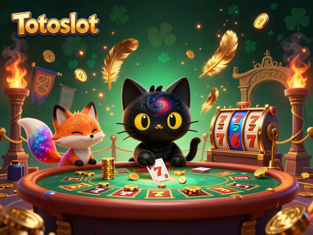 Gambarkan Totoslot dengan kucing hitam lubang hitam dan rubah nebula di meja kasino cosmos.