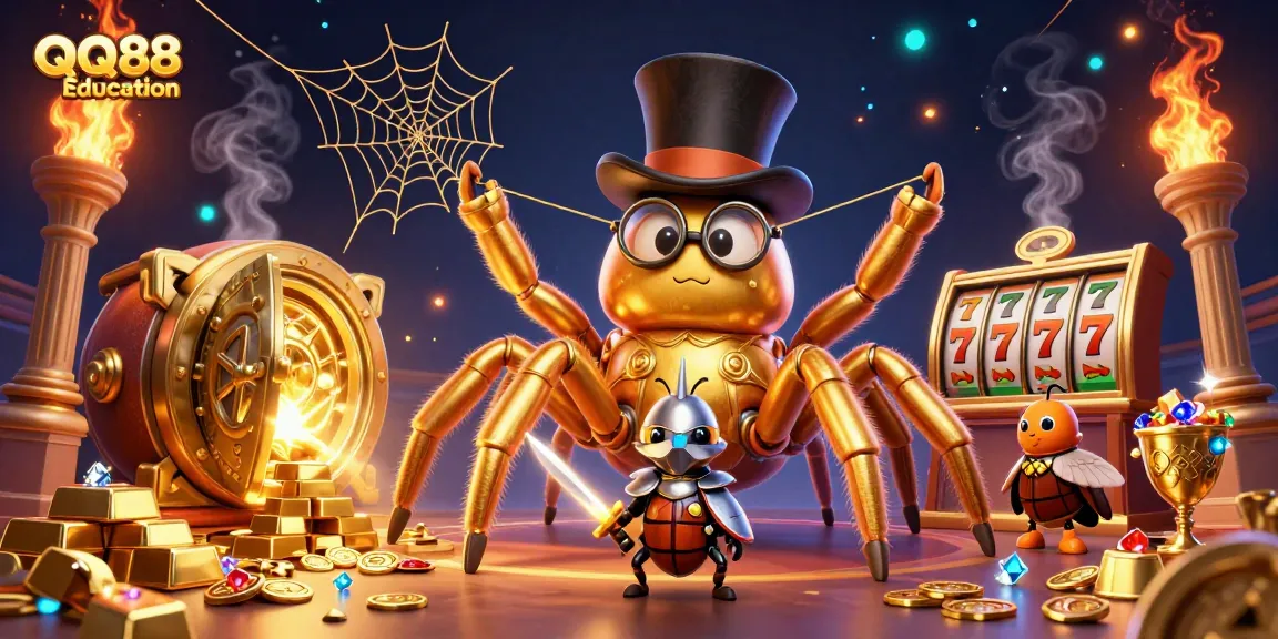 Experience the excitement of QQ88 Education with a 3D golden tarantula and beetle knight in a vibrant casino atmosphere.