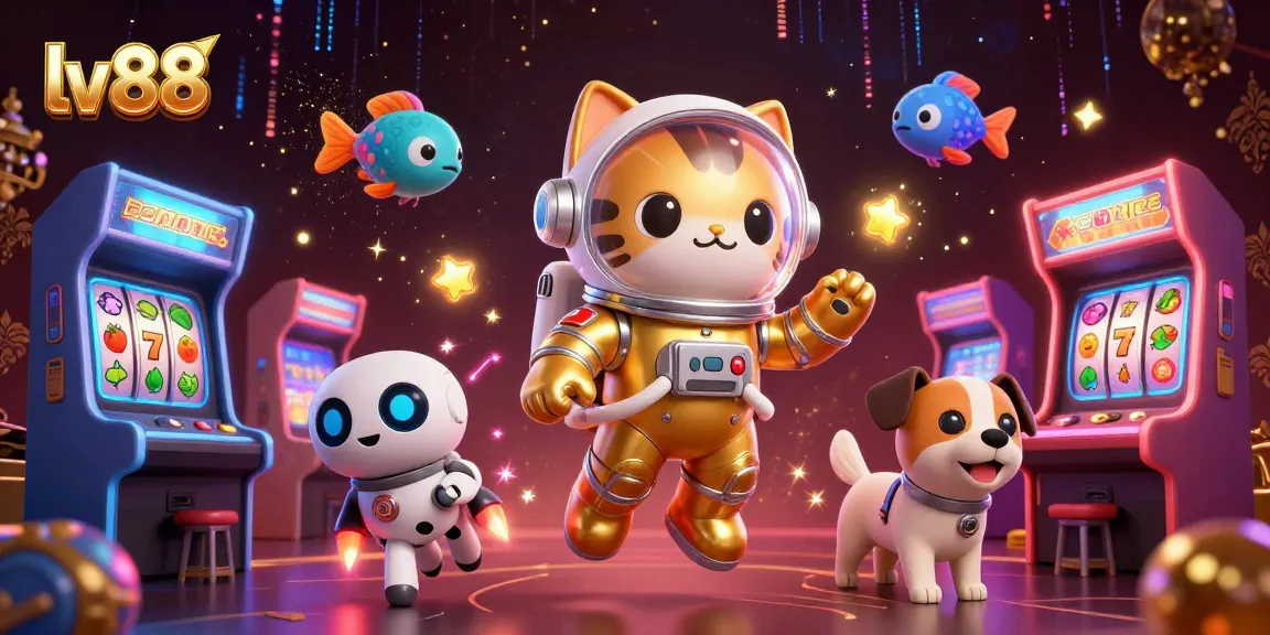 Play exciting casino games at lv88 with vibrant characters amidst glowing arcade elements.