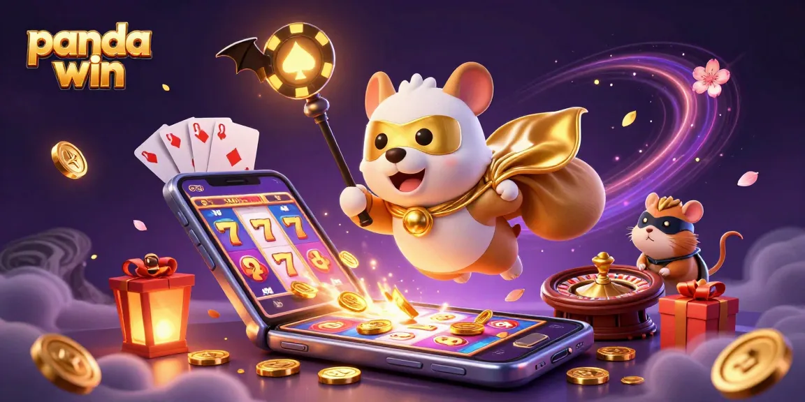 Panda win menampilkan anjing superhero kartun dan hamster dalam adegan bertema kasino yang hidup penuh dengan elemen permainan slot yang dinamis.