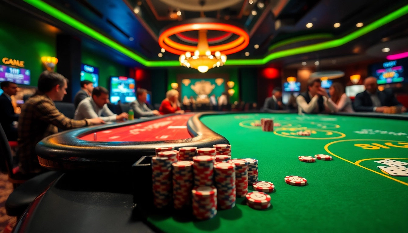 Menampilkan permainan tunai 138 di kasino dengan pemain yang terlibat dan chip poker di atas meja.