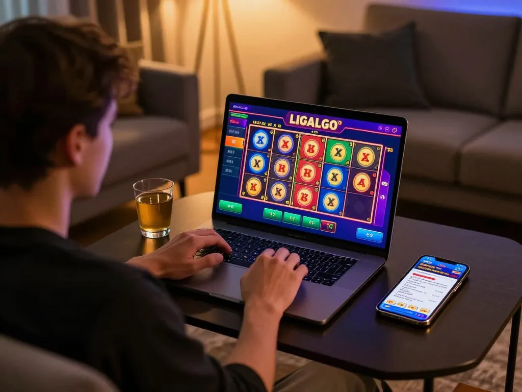 LIGALGO online slot gaming session showing vibrant app interface and player in cozy home setting.