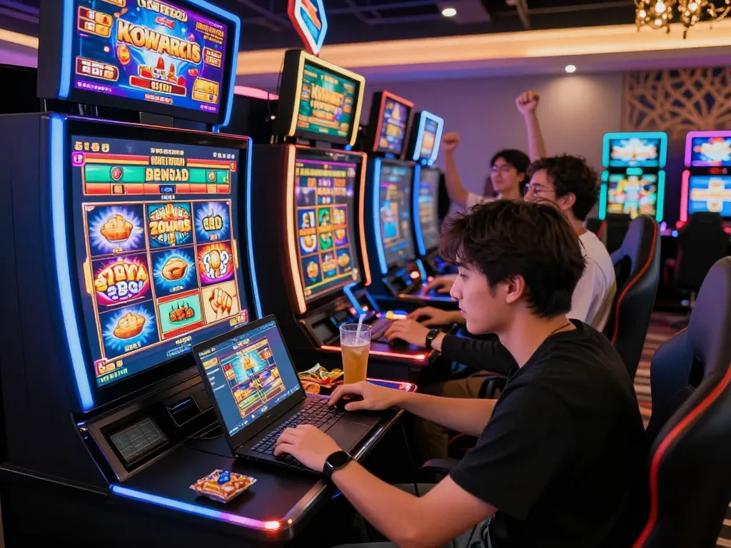Pemain terlibat menikmati permainan slot gacor dalam suasana kasino online yang hidup.