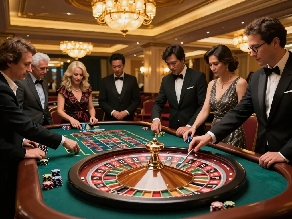 Experience the excitement of alfa 138 with players engaged around a vibrant roulette table in a luxurious casino setting.