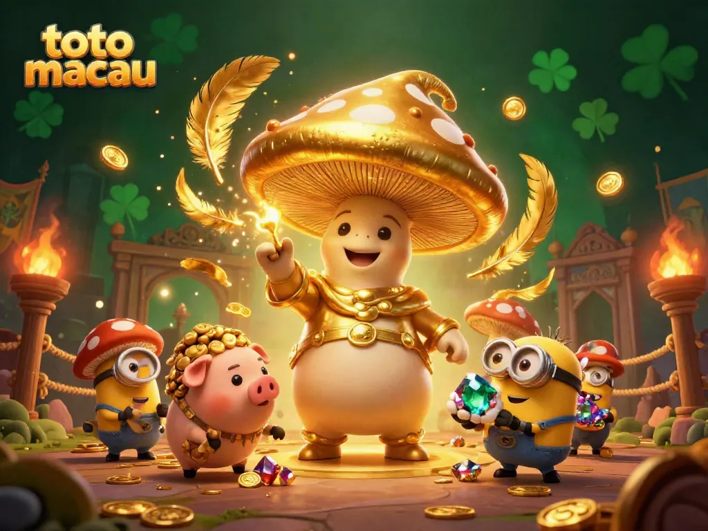Toto Macau hadir dalam ilustrasi 3D menampilkan penyihir jamur emas memimpin petualangan meraih kemenangan.