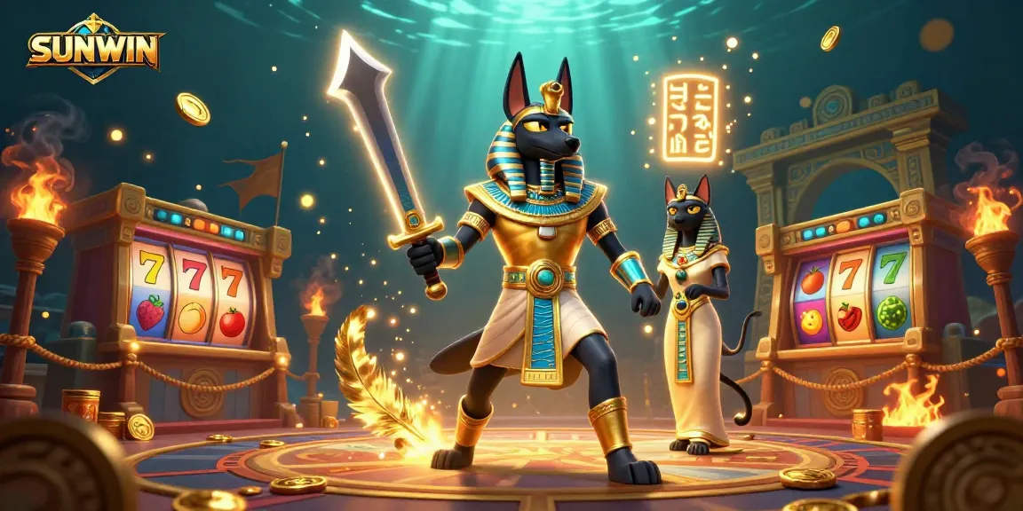 SUNWIN brings excitement with Anubis and Bastet among dazzling slots, gold coins, and vibrant gaming elements.