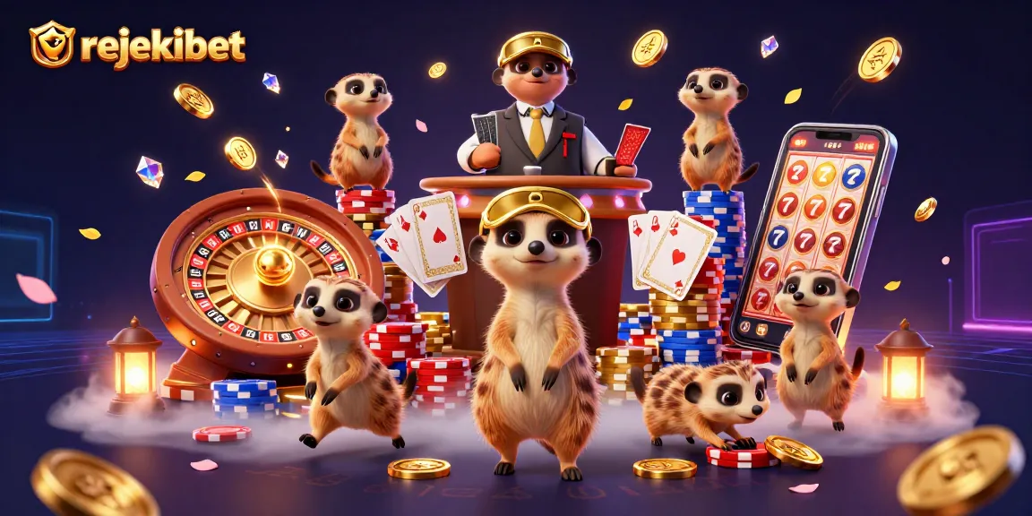 Join the excitement of rejekibet's vibrant casino with cheerful meerkats managing thrilling games and winning chips.