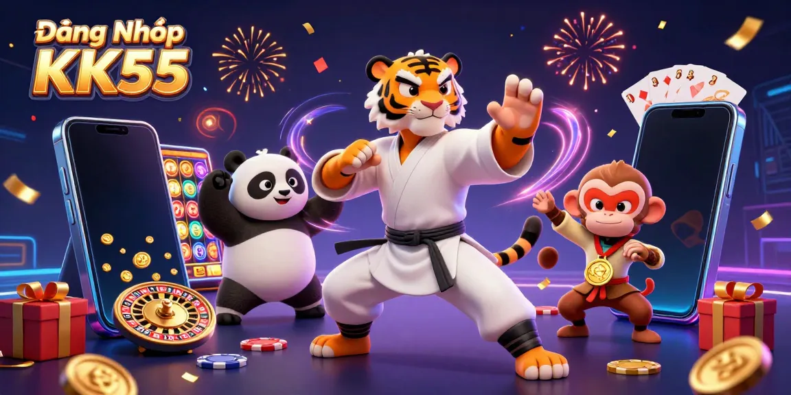 Play games at Đăng Nhập KK55 with the kung fu tiger master, panda disciple, and monkey stealing the medal.