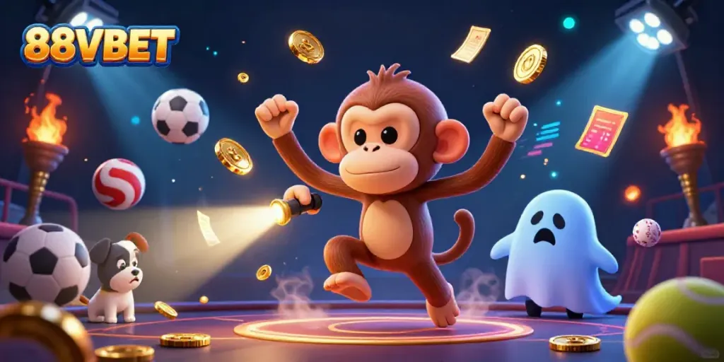 Engage with 88VBET's dynamic gambling scene featuring a playful poltergeist monkey and ghost-hunter puppy.