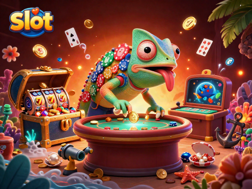 Putaran slot berwarna-warni oleh chameleon kasino raksasa yang menarik perhatian pemain di meja roulette.