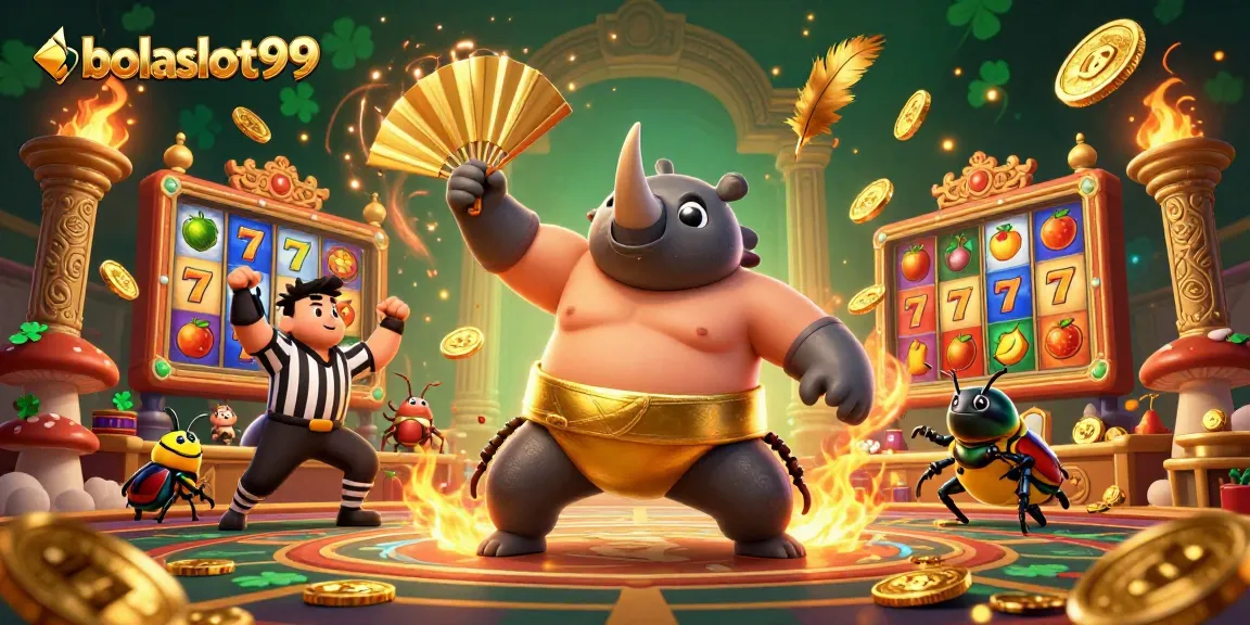 Experience the exhilarating action of bolaslot99 with a sumo beetle champion in a vibrant casino scene.